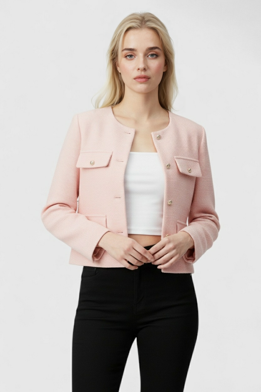 Elegant pink short jacket from Lumina Wear, showcasing versatile style and lightweight design, perfect for casual and semi-formal wear.