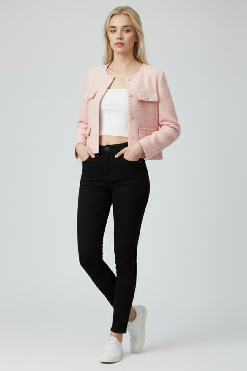 Elegant pink short jacket by Lumina Wear, showcasing versatile style and lightweight design, perfect for casual or dressy outfits.
