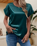 Blue Sophia satin blouse by Lumina Wear featuring a relaxed fit and short sleeves, shown on a mannequin.