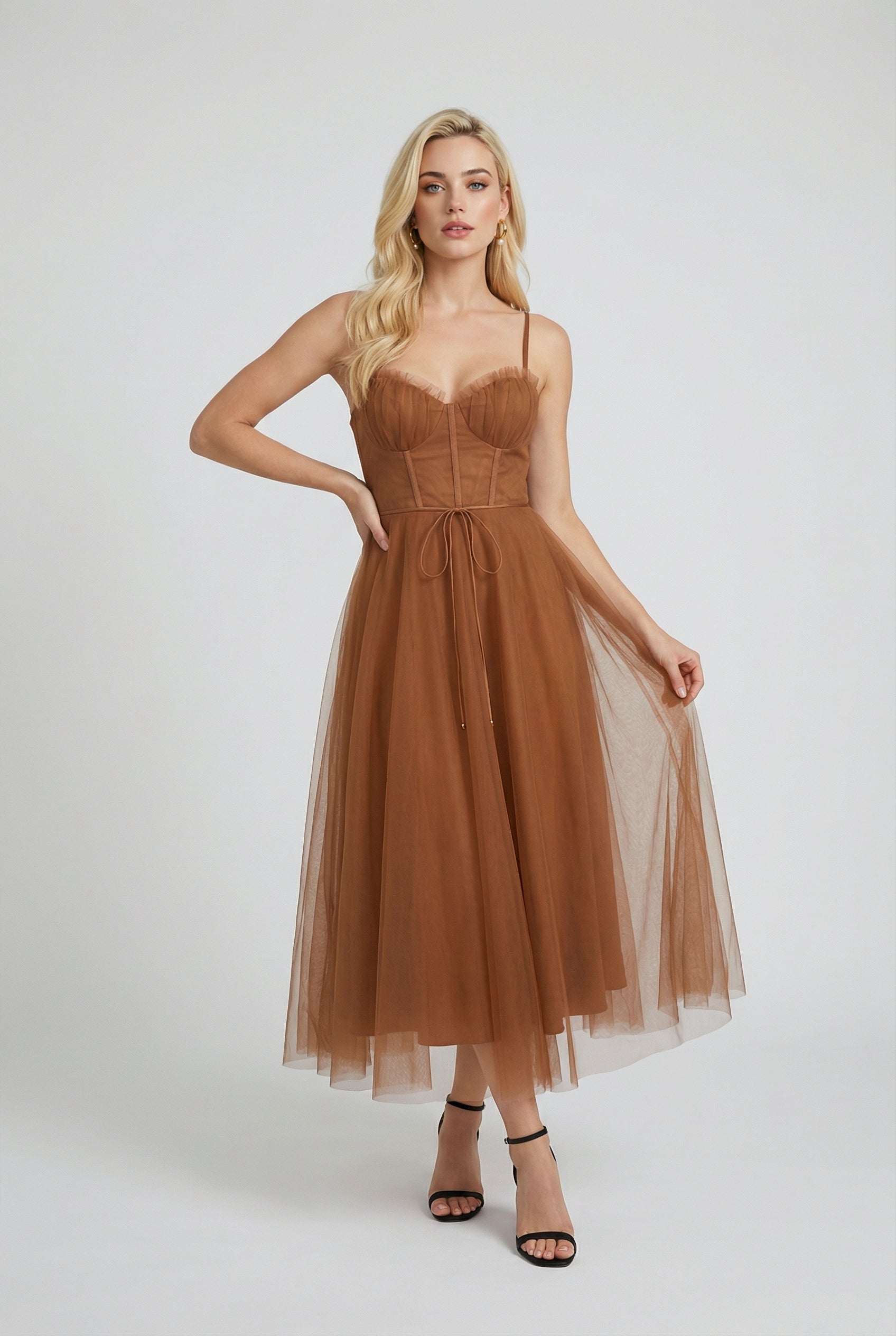 Elegant rust chiffon midi dress with ruffle trim by Lumina Wear, featuring a flowing silhouette and stylish design.