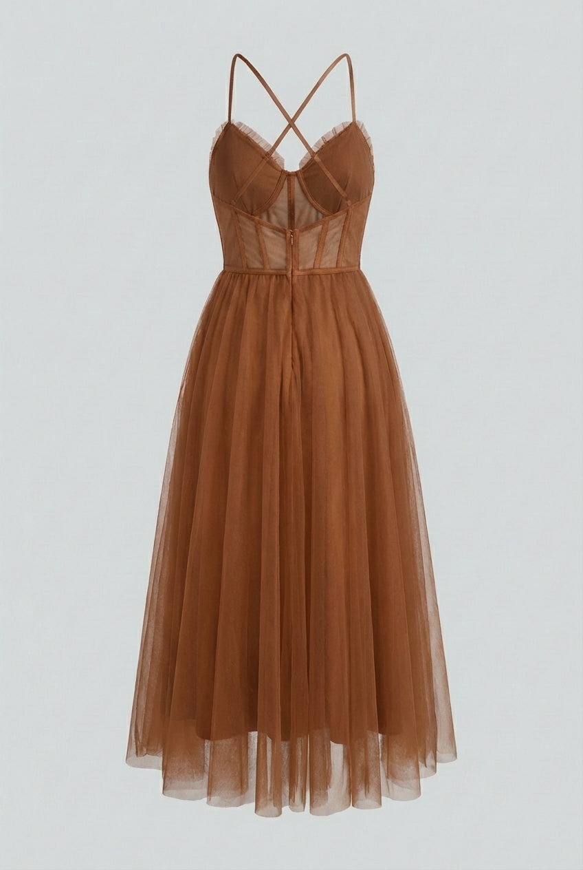 Elegant rust chiffon midi dress with ruffle trim by Lumina Wear, featuring a flowing silhouette and stylish design.
