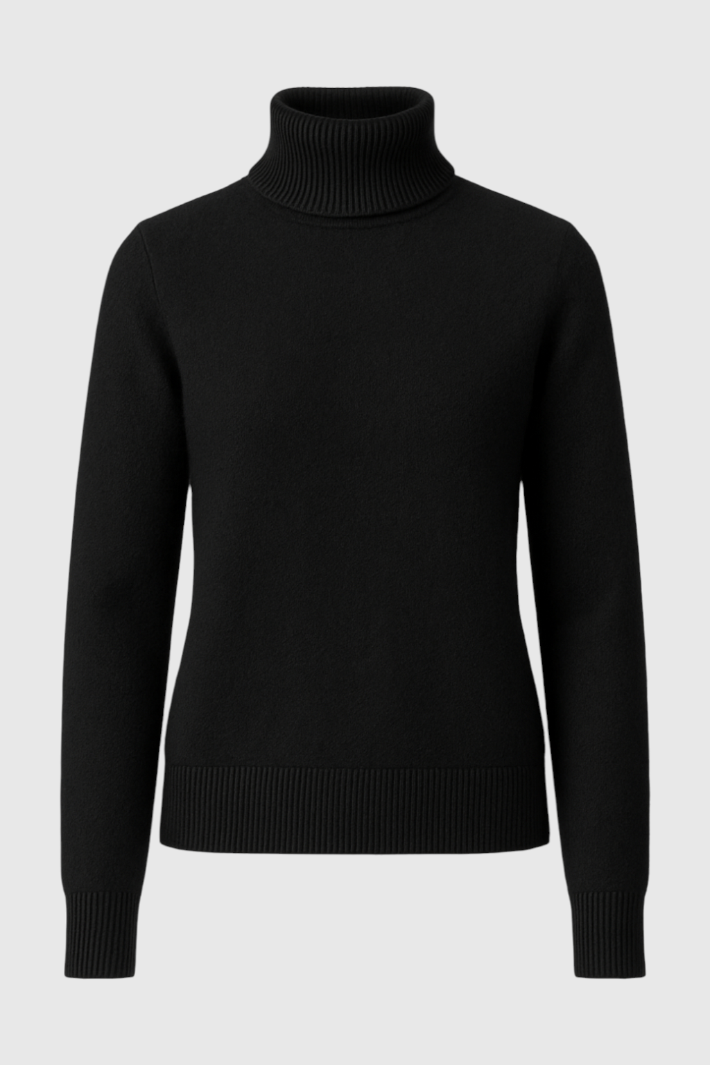 Sophia Lumina Wear slim fit black turtleneck sweater, close-up view showing smooth knit fabric and elegant design.