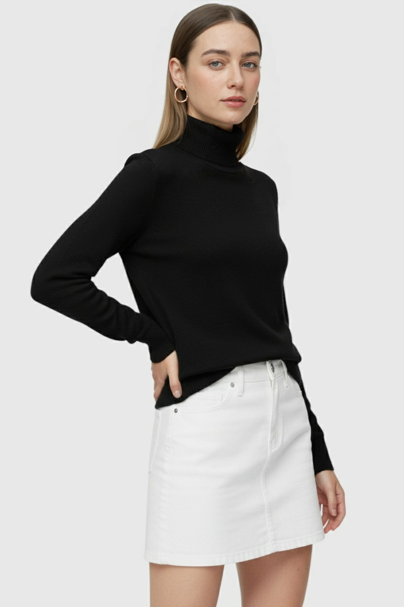 Sophia Lumina black slim fit turtleneck sweater, stylish and elegant, displayed on a model showcasing the sweater's fit and fabric.