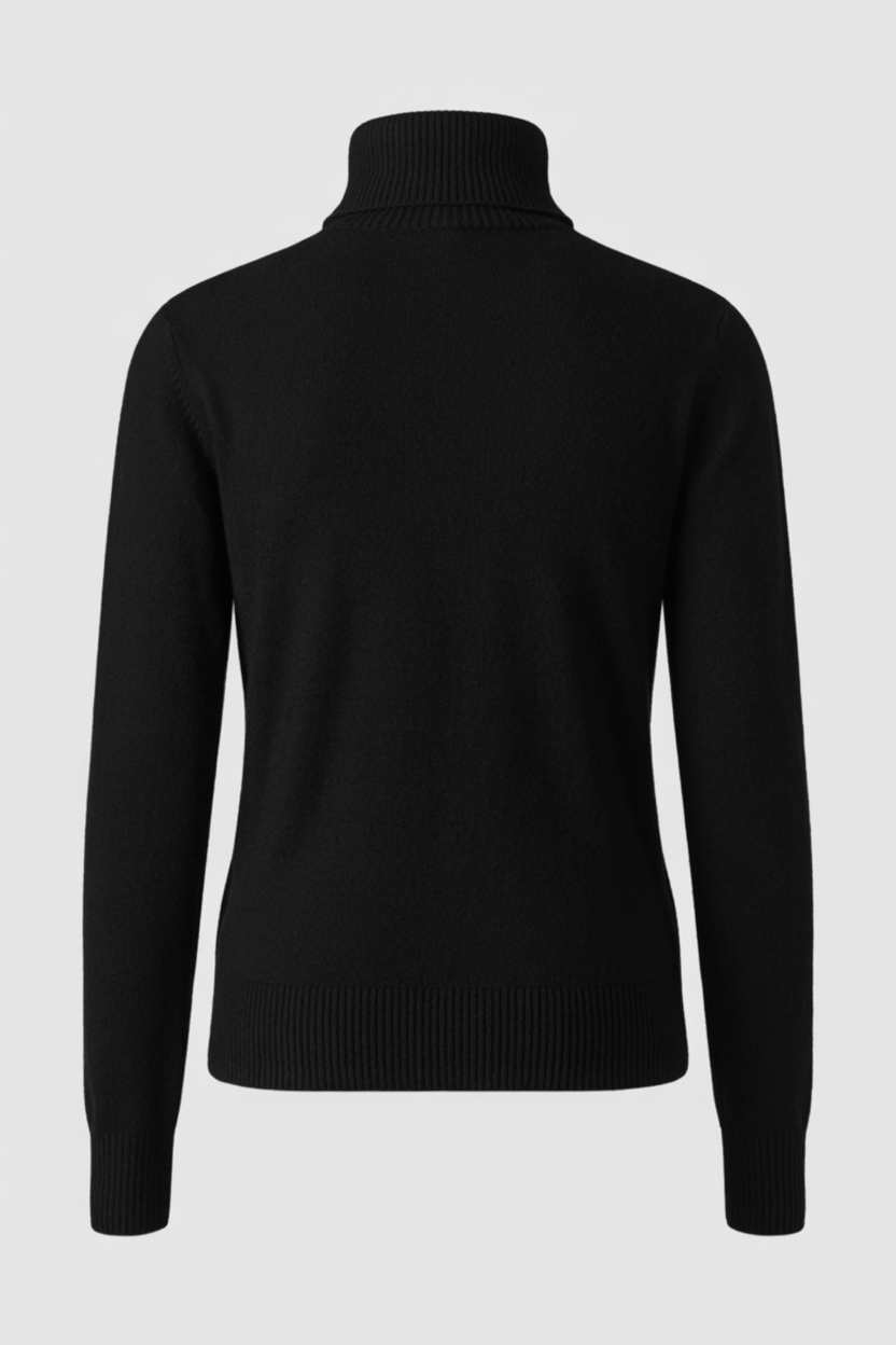 Sophia Lumina Wear slim fit black turtleneck sweater, close-up of soft knit fabric and elegant neckline.