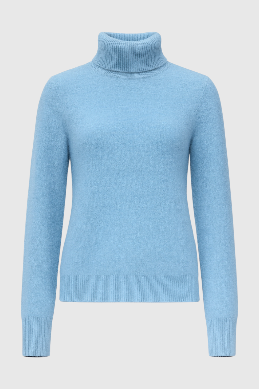 Blue Lumina Wear Sophia slim fit turtleneck sweater, showcasing a cozy, elegant knit design with a fitted silhouette.