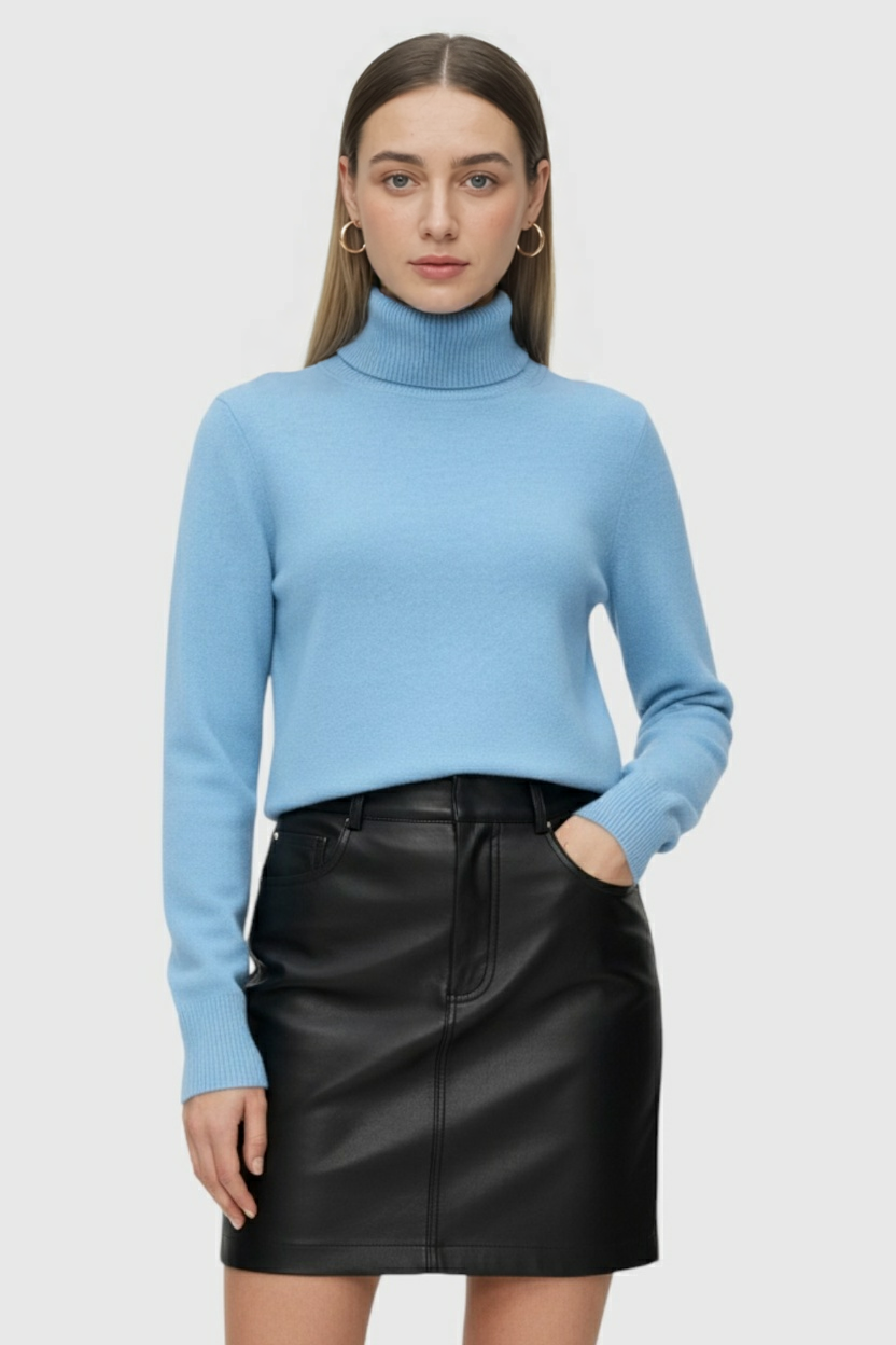 Blue Lumina Wear Sophia slim fit turtleneck sweater, showcasing a cozy, elegant sweater with a fitted design and ribbed collar.