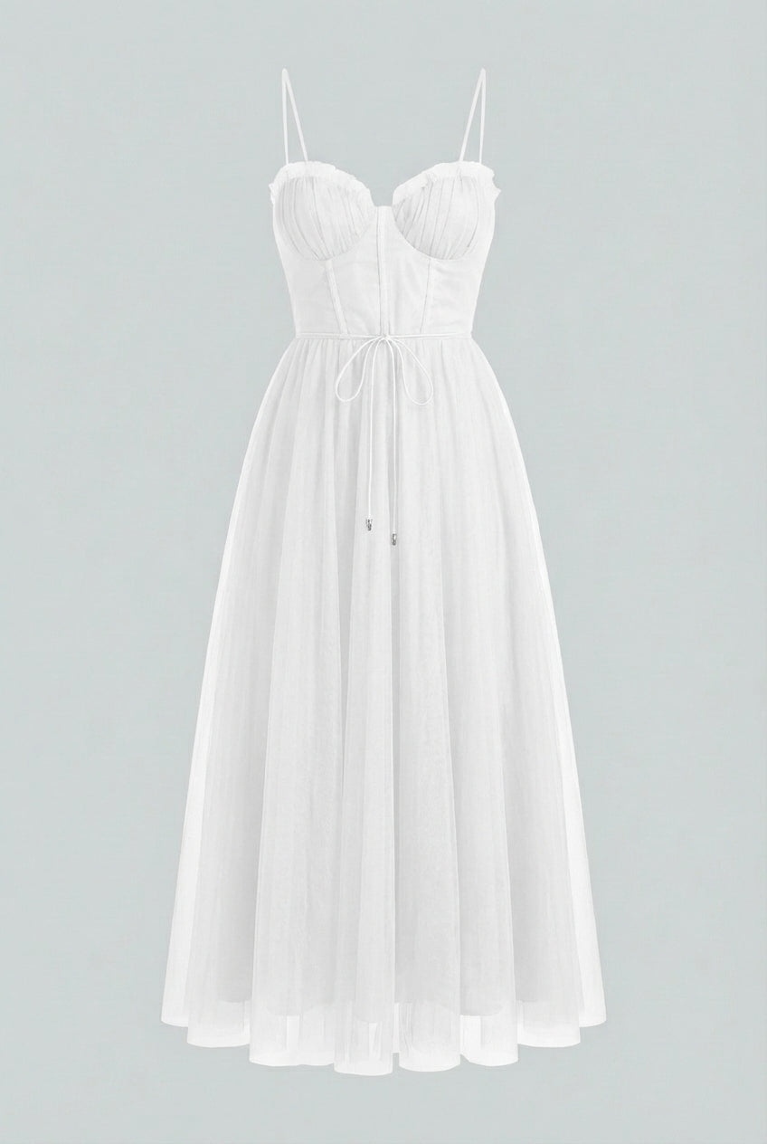 Elegant white midi dress by Lumina Wear featuring a flattering silhouette, perfect for sophisticated occasions.