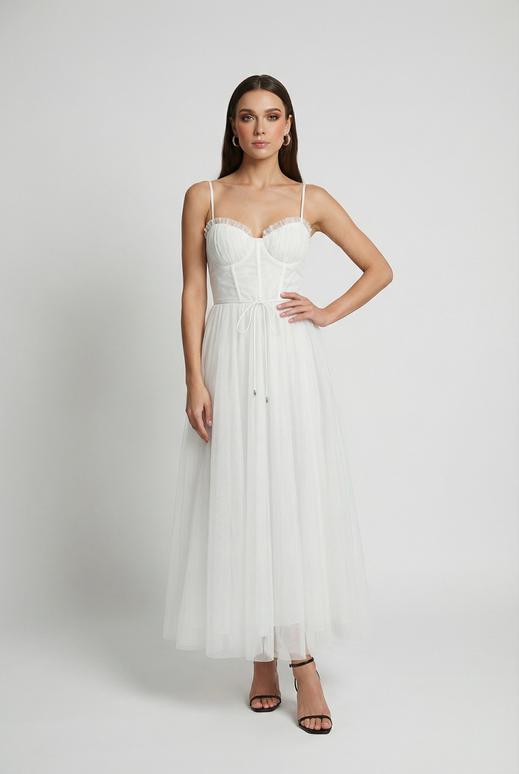 Sophia white midi dress by Lumina Wear featuring a flattering silhouette and elegant design, perfect for formal occasions.