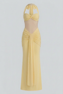 Elegant yellow halter dress with ruched detail from Lumina Wear, featuring a stylish and sophisticated design.