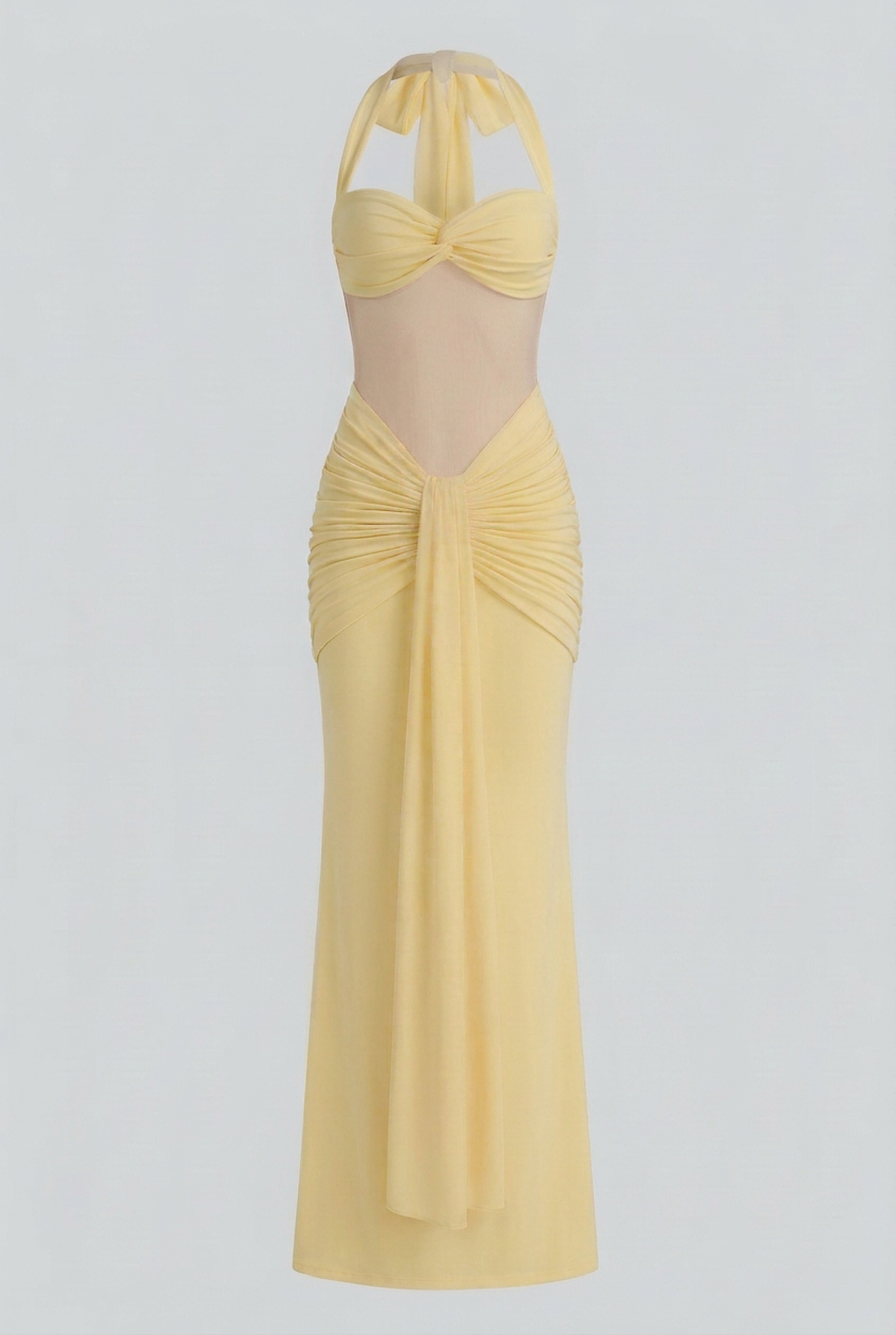 Elegant yellow halter dress with ruched detail by Lumina Wear, featuring a fitted bodice and stylish design.