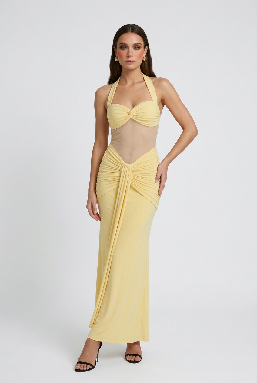 Sophia | Elegant Yellow Halter Dress with Ruched Detail