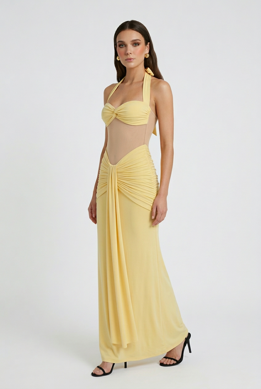 Elegant yellow Halter dress with ruched detail from Lumina Wear, featuring a flattering fit and stylish design.