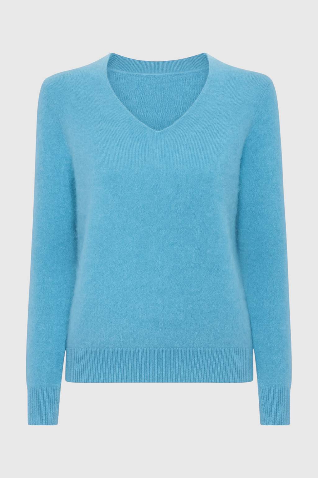 Light blue V-neck women's sweater with fitted silhouette by Lumina Wear, featuring a flattering design and soft knit fabric.