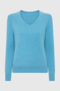 Light blue Sophia V-neck women's sweater by Lumina Wear featuring a fitted silhouette and soft knit fabric.