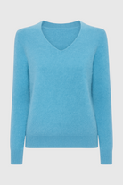 Light blue V-neck women's sweater with fitted silhouette by Lumina Wear, featuring a flattering design and soft knit fabric.