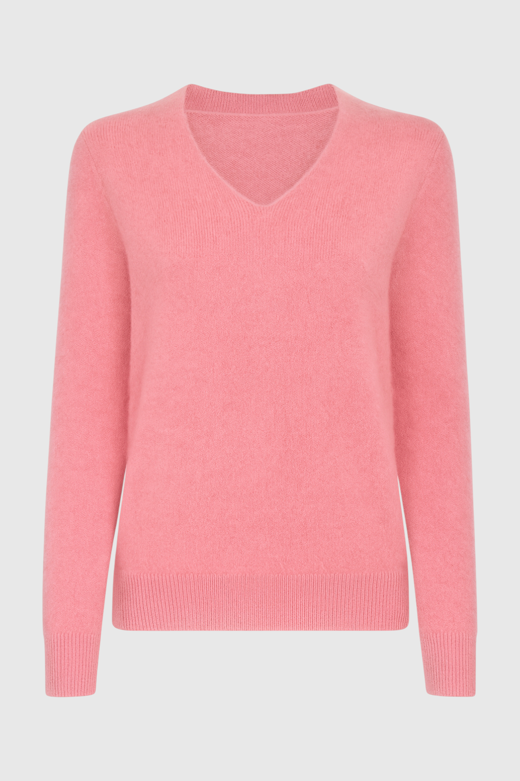 Pink Lumina Wear Sophia V-neck knit sweater with long sleeves, featuring a flattering design and soft, cozy fabric.