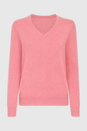 Pink Lumina Wear Sophia V-neck knit sweater with long sleeves, featuring a flattering design and cozy knit texture.
