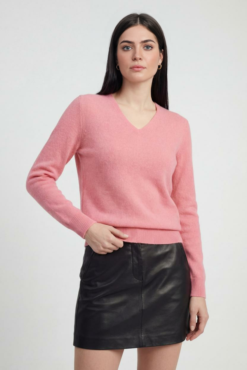 Pink Lumina Wear Sophia sweater with flattering V-neck, long sleeves, and knit design, perfect for casual or stylish wear.