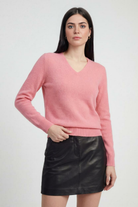 Pink Lumina Wear Sophia sweater with flattering V-neck, long sleeves, and knit design, perfect for casual or stylish wear.