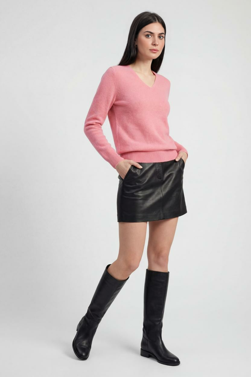 Pink Lumina Wear Sophia V-neck knit sweater with long sleeves, featuring a flattering design and cozy knit texture.