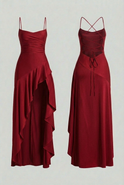 Sophia Lumina Wear flowing red maxi dress with asymmetric hem, lightweight fabric and elegant silhouette for women.