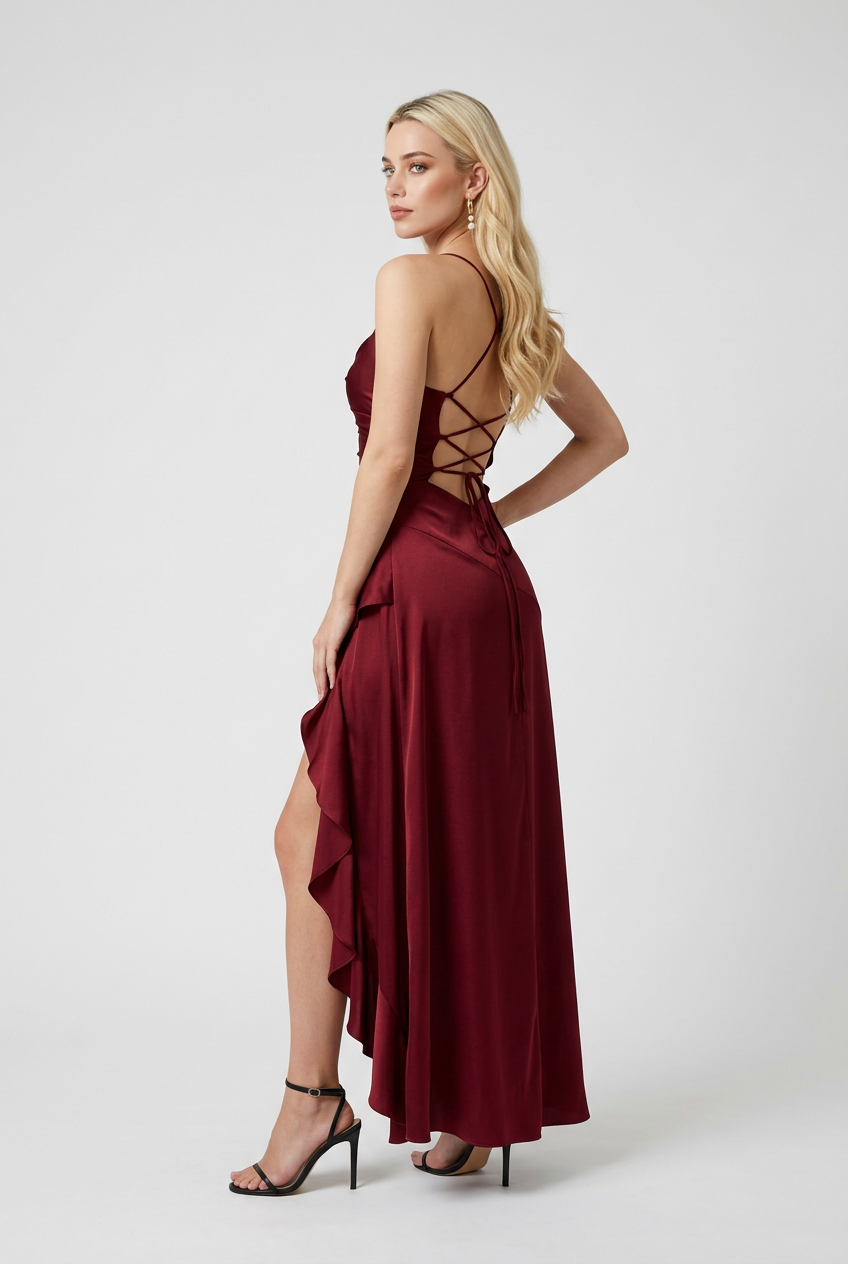 Sophia Lumina Wear flowing red maxi dress with asymmetric hem, lightweight fabric, and elegant design for women's dresses.