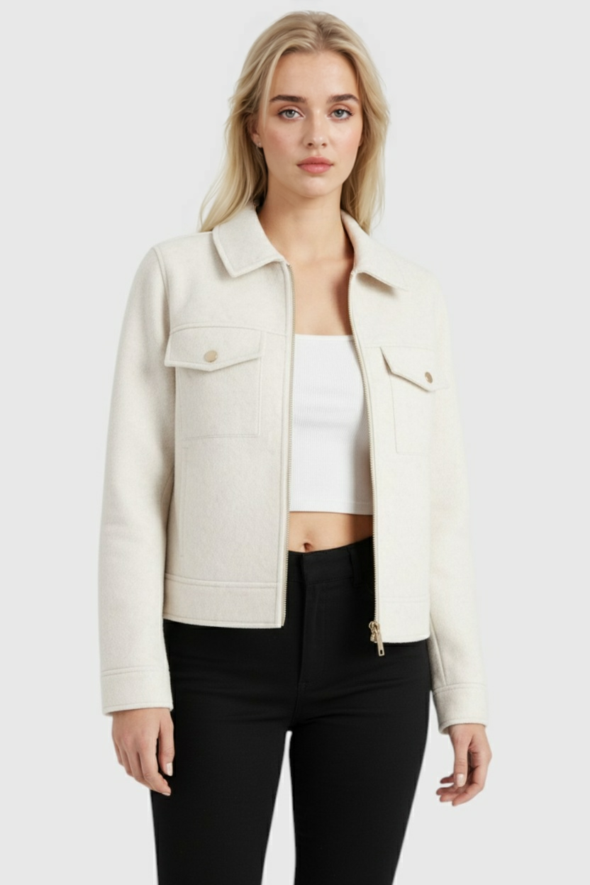 Lumina Wear Sophia modern cropped zip-up jacket with functional pockets, white women's outerwear, stylish and versatile.