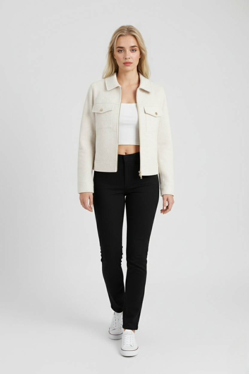 Women's Lumina Wear Sophia cropped zip-up jacket with functional pockets in white, modern outerwear for stylish comfort.