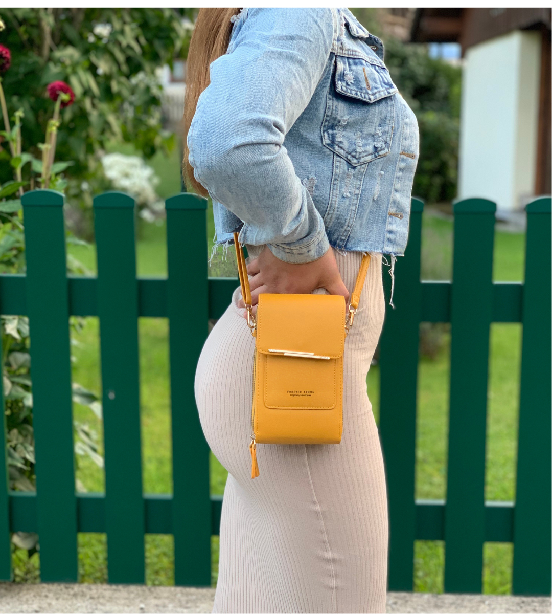 Sophia modern vegan leather shoulder handbag with touch features in mocha, stylish Lumina Wear hand-held bag.