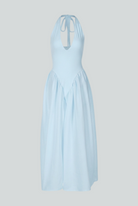 Light blue Sophia midi dress by Lumina Wear, featuring an elegant fit and soft fabric, perfect for stylish occasions.