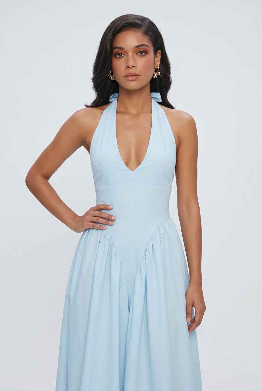 Light blue Sophia midi dress by Lumina Wear, featuring an elegant fit and soft fabric, perfect for stylish occasions.