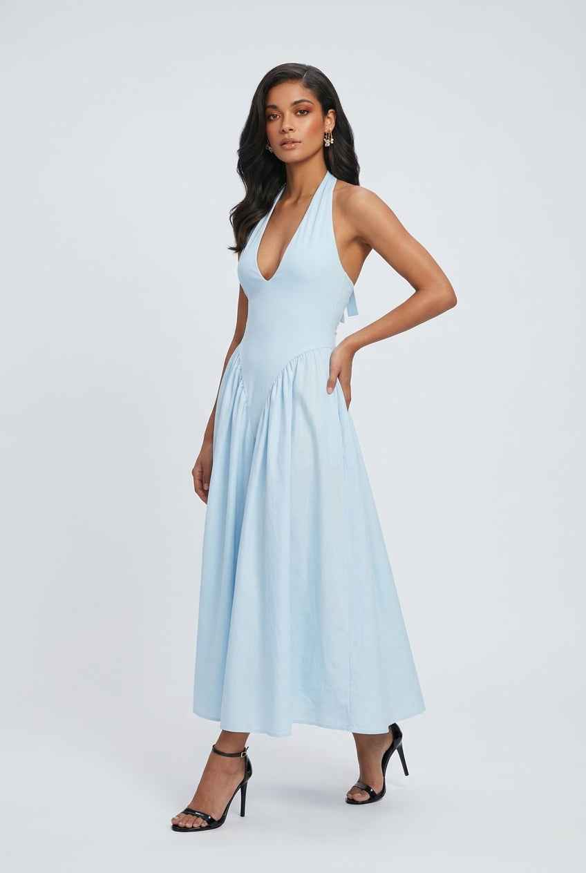 Light blue Sophia midi dress by Lumina Wear featuring an elegant fit and soft fabric, perfect for stylish occasions.