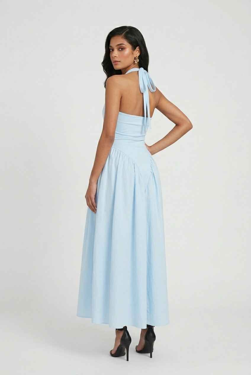 Light blue Sophia midi dress by Lumina Wear, featuring an elegant fit and soft fabric, perfect for stylish occasions.