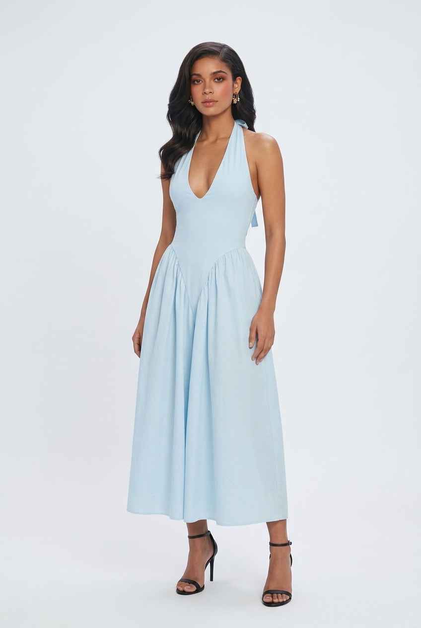 Light blue Sophia midi dress by Lumina Wear, featuring an elegant fit and soft fabric, displayed on a mannequin.