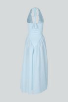 Light blue Sophia midi dress by Lumina Wear featuring an elegant fit, displayed on a neutral background.