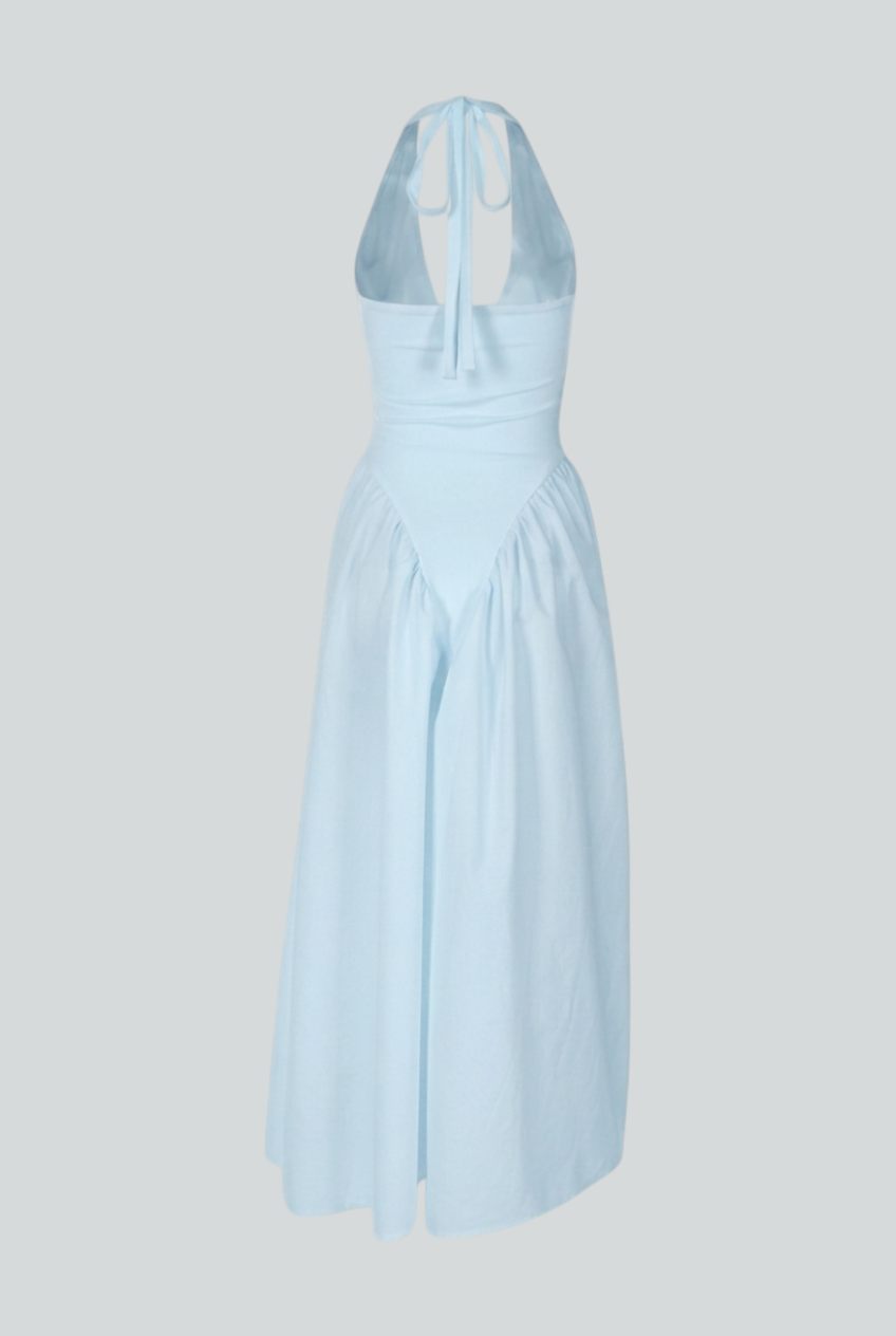 Light blue Sophia midi dress by Lumina Wear featuring an elegant fit, displayed on a neutral background.