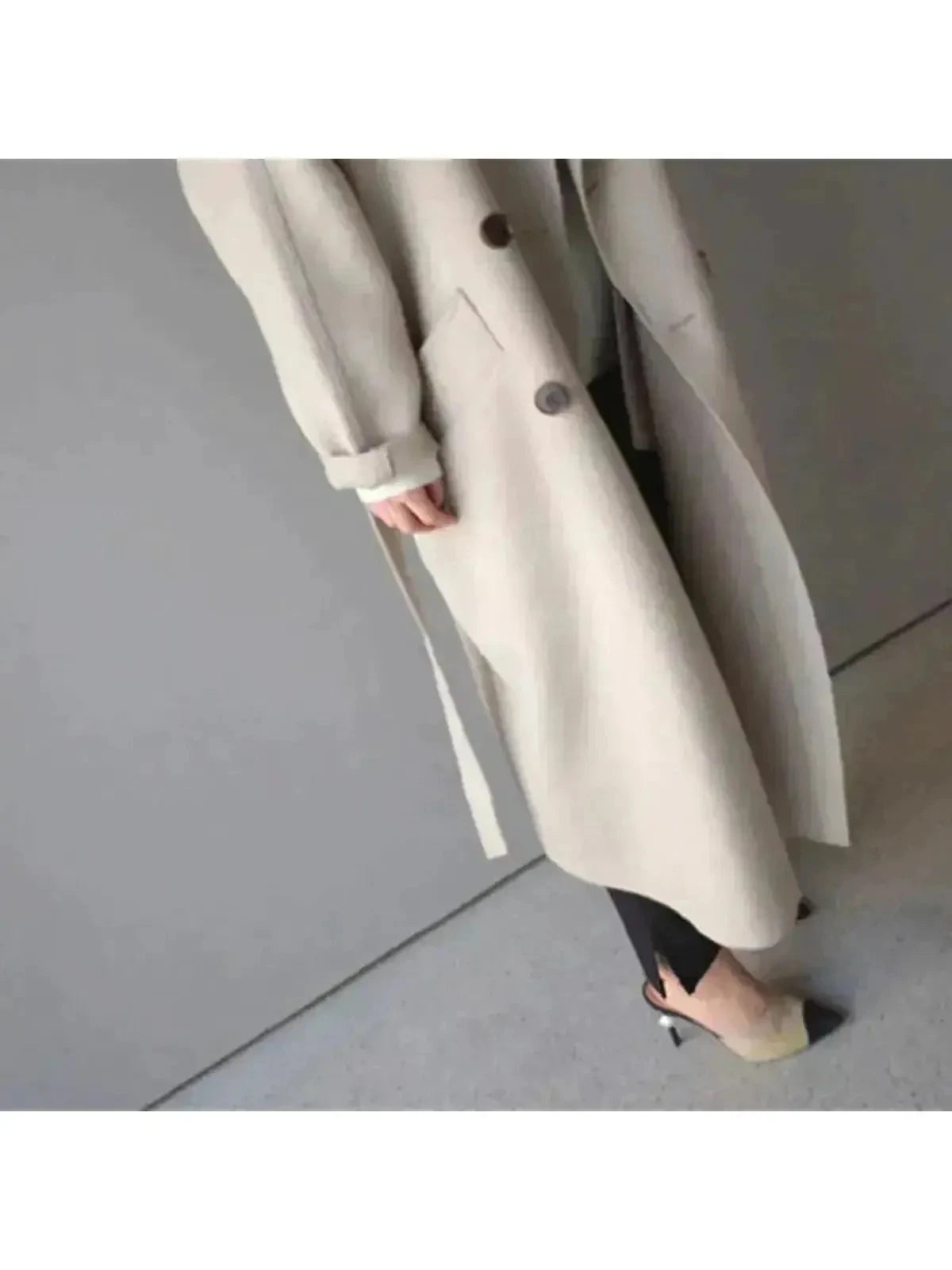 Beige Sophie long coat for women by Lumina Vancouver, stylish and elegant outerwear with a tailored fit.