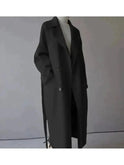 Beige Sophie elegant long women's coat by Lumina Wear, featuring a tailored design and classic style.