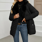 Black Sophie Lumina longline puffer coat with faux-fur collar, women's winter coat with sleek design and cozy insulation.