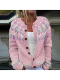 Soft pink ladies cardigan by Lumina Wear, featuring a cozy fit and button details, styled on a model.
