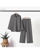 Cream linen loungewear set by Sunnova, spring 2-piece set from Lumina Vancouver, featuring a relaxed top and matching pants.