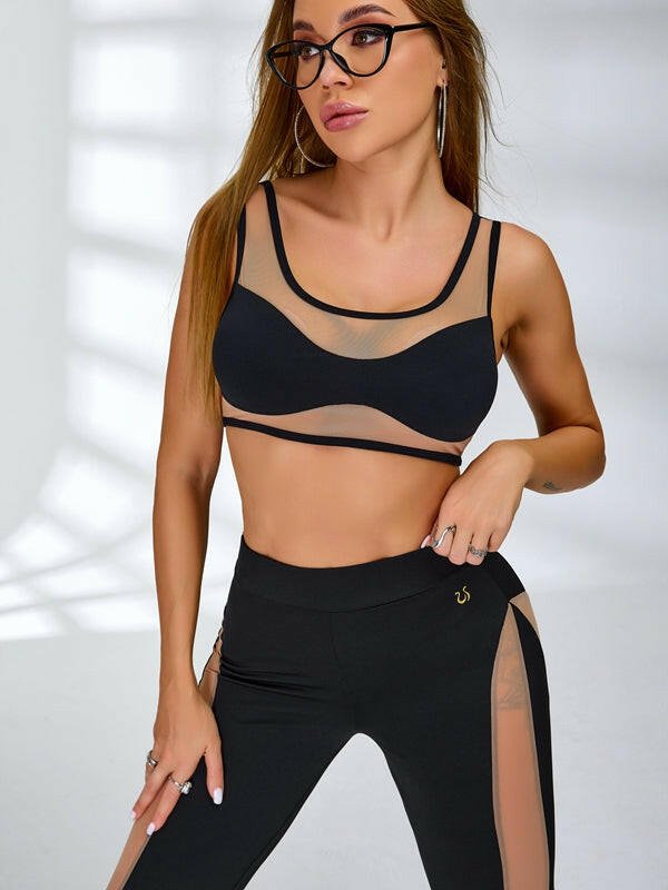 Black Lumina Vancouver sheer mesh sports bra with a sexy, unique design, perfect for activewear and stylish workouts.