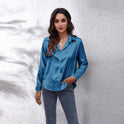 Blue Sydney relaxed fit satin blouse by Lumina Wear, featuring a timeless design, perfect for women's casual and elegant styles.