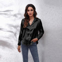 Blue Lumina Wear Sydney relaxed fit satin blouse with timeless design, shown on a model, ideal for stylish women's fashion.