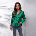 Blue Lumina Wear Sydney relaxed fit satin blouse for women, showcasing timeless design and elegant lightweight fabric.
