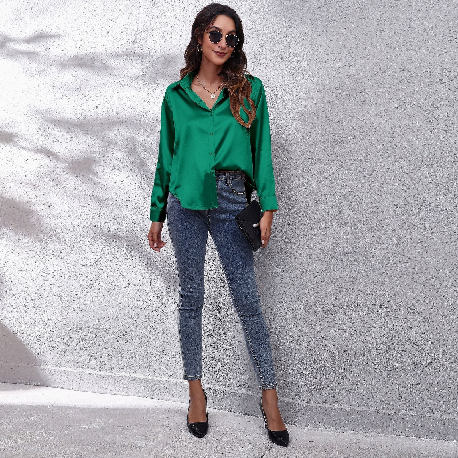 Light blue Lumina Wear Sydney relaxed fit satin blouse for women, showcasing elegant design and soft, smooth fabric.