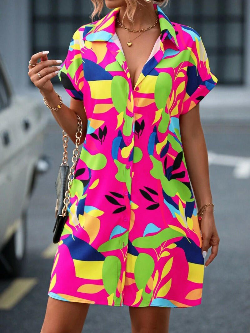 Rose red Tiana™ printed button-down dress by Lumina Vancouver, stylish and lightweight, shown on a model.