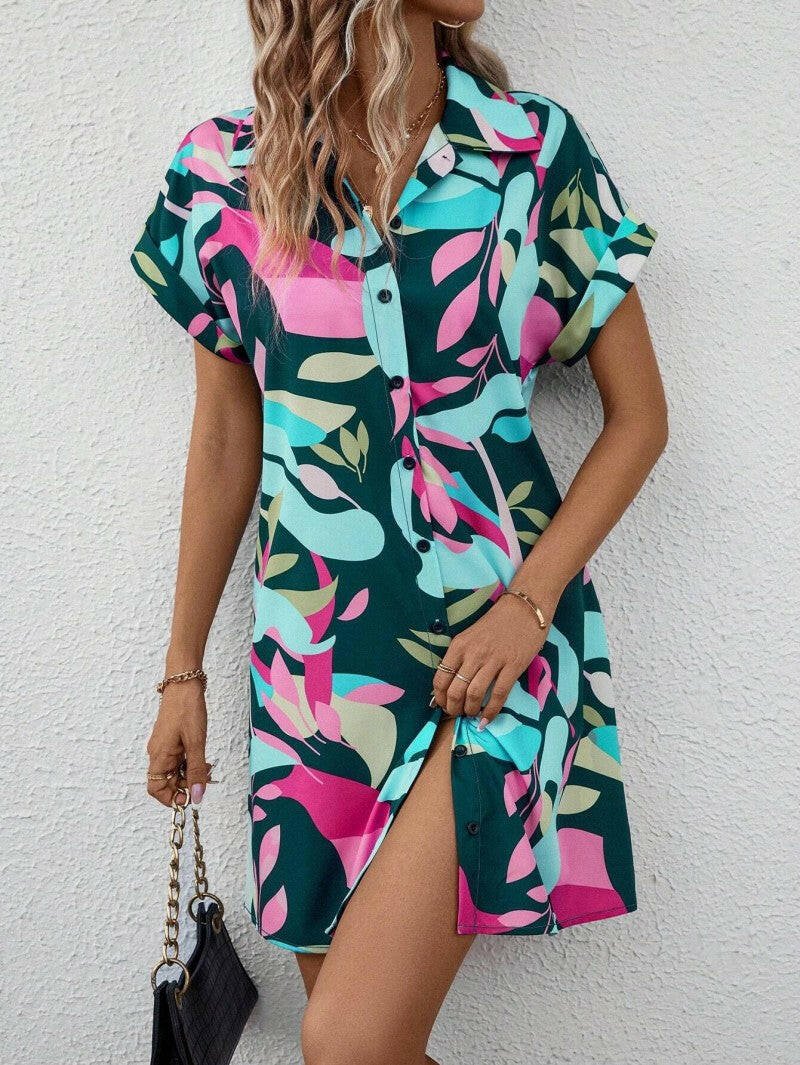 Lumina Vancouver Tiana™ printed rose-red button-down dress, showcasing a stylish, lightweight design perfect for casual wear.