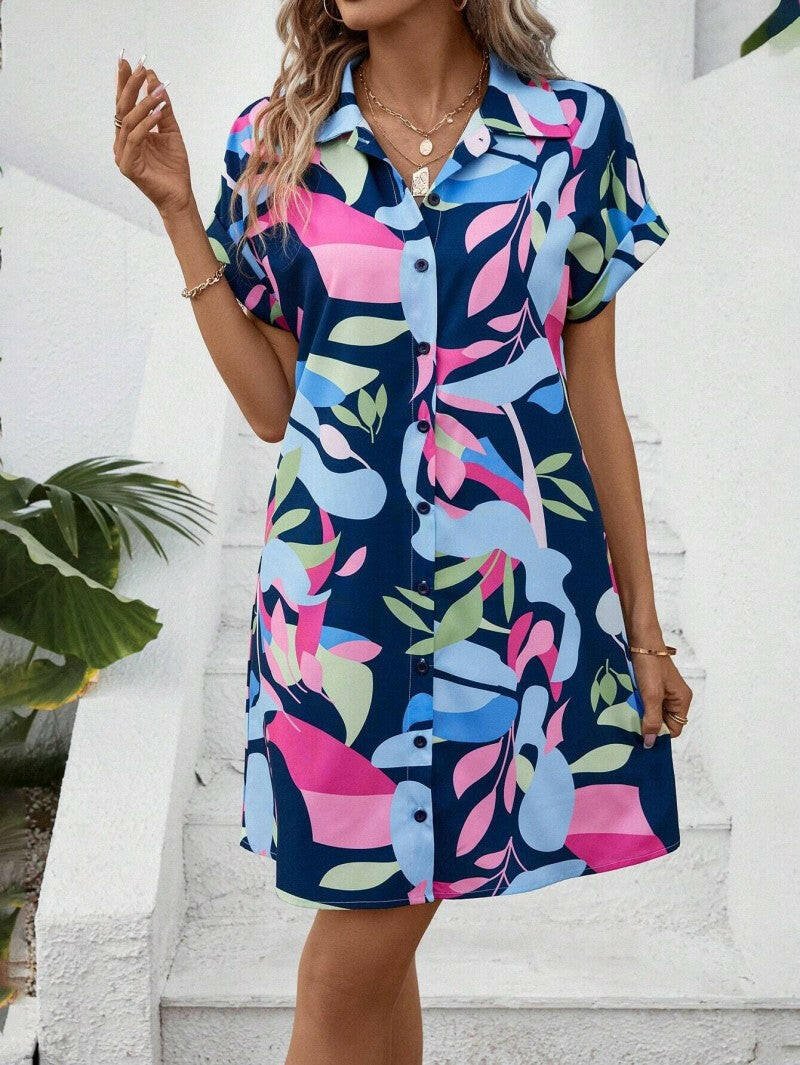 Rose-red Tiana™ printed button-down dress by Lumina Vancouver, stylish and casual for everyday wear.