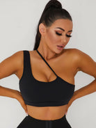 Black Lumina Vancouver medium-impact sports bra with a tight fit, designed for support during medium-impact workouts